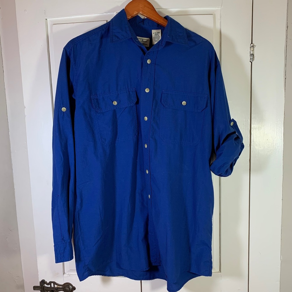 LL Bean Mens Tall Medium Blue Nylon Polyester Long Sleeve‎ Button Up Shirt READ